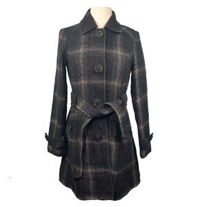 Dorothy Perkins Wool Blend Belted Coat UK 10 Euro 38 Black Cream Plaid Check